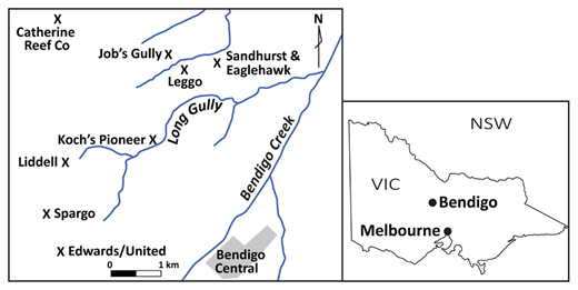 Figure 4. Map of Bendigo in central Victoria with locations of pyrites treatment plants. DOI: https://doi.org/10.1525/elementa.432.f4