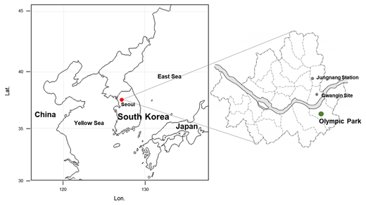 Figure 1. Map showing the Korean Peninsula and the capital city, Seoul. Olympic Park, utilized as a ground measurement site in Seoul, is located in the southeast portion of Seoul (37.52 N, 127.12 E). DOI: https://doi.org/10.1525/elementa.444.f1