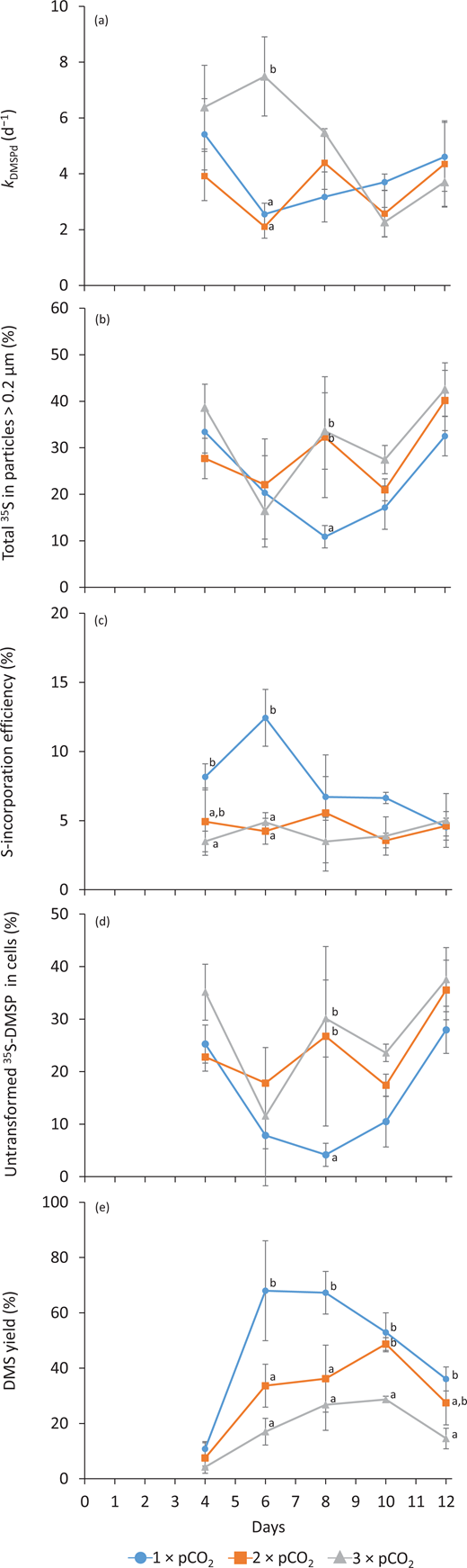 Temporal variations in microbial dimethylsulfoniopropionate (DMSP) cycling variables for all pCO2 treatments. Temporal variations of (a) microbial DMSPd loss rate constant (kDMSPd in day–1), (b) particulate yield (%), (c) assimilation efficiency of 35S-DMSPd into macromolecules (%), (d) particulate untransformed 35S, and (e) microbial DMS yield (%) in each treatment (1 × pCO2, 2 × pCO2, and 3 × pCO2; see legend for symbol attribution). Daily averages are presented (mean ± standard error, n = 3). Tukey honest significant difference between treatments on a given day is indicated by grouping letters (a, b, and c). DOI: https://doi.org/10.1525/elementa.2020.00043.f7