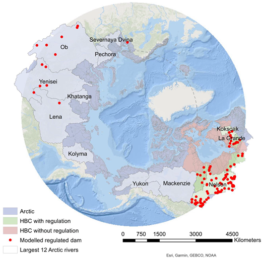 Pan-Arctic domain indicating 12 largest river basins (by average annual volume) simulated by Arctic-HYdrological Predictions for the Environment. Basins in red contain no explicit regulation modeling and drain into the Hudson Bay Complex (HBC), basins in green contain regulation modeling and drain into the HBC, and basins in blue contain limited explicit regulation modeling and drain directly to the Arctic Ocean. Dam locations (red dots) are those modeled with some degree of regulation. DOI: https://doi.org/10.1525/elementa.2020.00098.f1