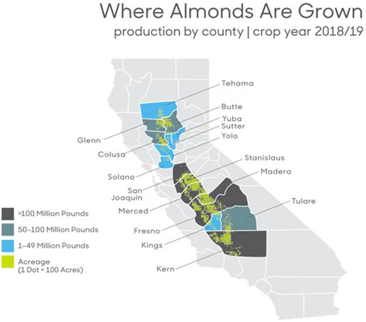 Location of almond orchards and yield in California. Source: Adapted from Almond Board’s Almond Almanac (2019). DOI: https://doi.org/10.1525/elementa.2020.00105.f2