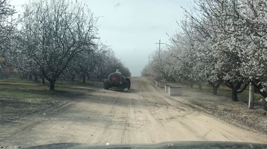 A pesticide rig directly spraying bee colonies during almond bloom. Photo taken by beekeeper. DOI: https://doi.org/10.1525/elementa.2020.00105.f4