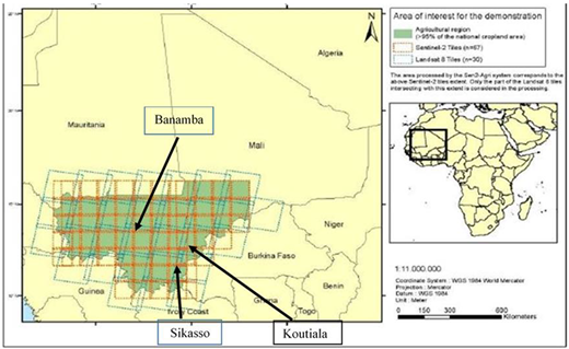 Map showing Sentinel-2 tiles and the 3 study areas. Source: http://www.esa-sen2agri.org/system-demonstration/national-sites/mali/. DOI: href="https://doi.org/10.1525/elementa.2020.00106.f1