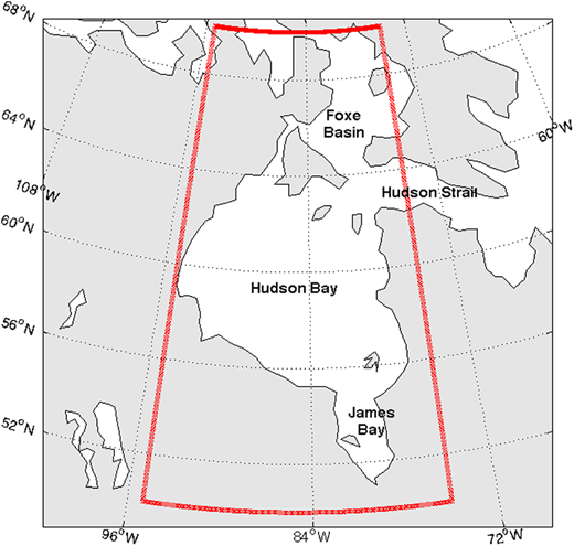 Map of Hudson Bay Complex and region of interest. Depicted are Hudson Bay, Hudson Strait, Foxe Basin, and James Bay. Red boundary depicts region of interest encompassing 50º–70ºN and 95º–75ºW. DOI: https://doi.org/10.1525/elementa.2020.00128.f1