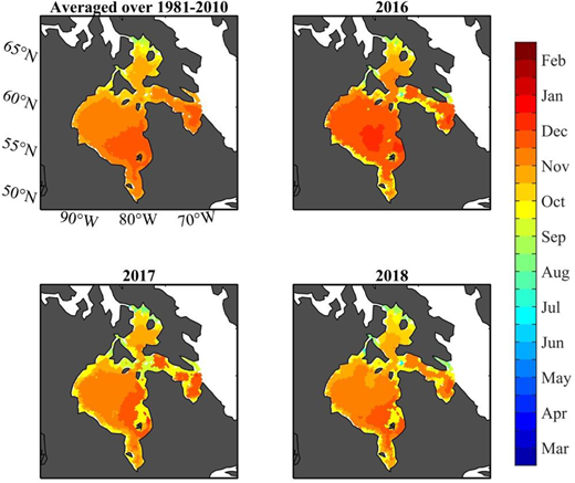 Sea ice day of advance for 1981–2010 climatology and 2016–2018 baseline years. Day of opening (color-coded by month) was computed using National Oceanic and Atmospheric Administration/National Snow and Ice Data Center Climate Data Record of Passive Microwave Sea Ice Concentration, Version 3. DOI: https://doi.org/10.1525/elementa.2020.00128.f9