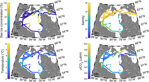 Spatial patterns of sea-ice concentration and underway measurements of salinity, temperature, and pCO2. Spatial variability of (a) sea-ice concentration using the AMSR2 ice data and underway measurements of (b) sea surface salinity, (c) sea surface temperature, and (d) surface seawater pCO2 along the ship track in Hudson Bay from May 25 to July 13, 2018. pCO2 = CO2 partial pressure; AMSR2 = Advanced Microwave Scanning Radiometer 2. DOI: https://doi.org/10.1525/elementa.2020.00130.f2