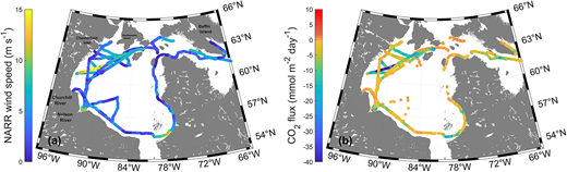 Spatial variability of sea–air CO2 fluxes in Hudson Bay. Spatial variability of (a) NARR wind speed and (b) sea–air CO2 fluxes based on NARR wind data. NARR = National Centers for Environmental Prediction North American Regional Reanalysis. DOI: https://doi.org/10.1525/elementa.2020.00130.f10