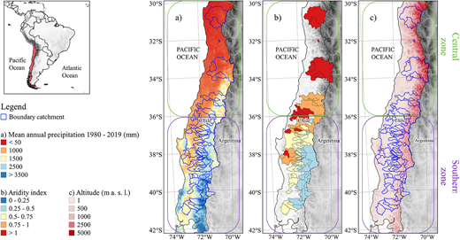 Location and characterization of the 87 study catchments. Mean annual precipitation (a), Aridity index (b), and elevation (c) of the study basins. DOI: https://doi.org/10.1525/elementa.2020.00131.f1