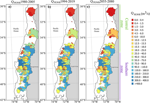 Water availability for granting permanently exercisable water use rights (QPEWR) and indices of anthropic intervention (IAIQ). These calculated using annual runoff for (a) the 1980–2005 period, (b) the 1994–2019 period, and (c) the 2055–2080 period. DOI: https://doi.org/10.1525/elementa.2020.00131.f3