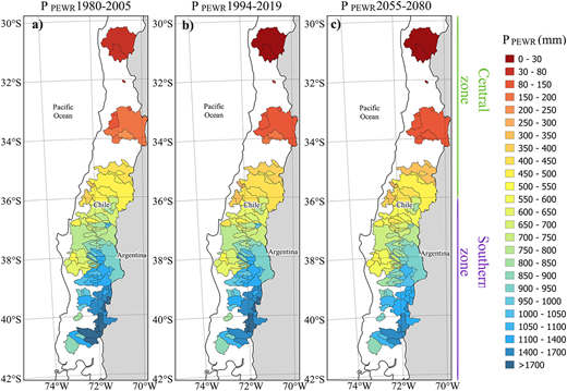 Water availability for granting permanently exercisable water rights based on precipitation (PPEWR) calculated from annual rainfall data. These calculations are based on (a) the 1980–2005 period, (b) the 1994–2019 period, and (c) the 2055–2080 period. DOI: https://doi.org/10.1525/elementa.2020.00131.f4