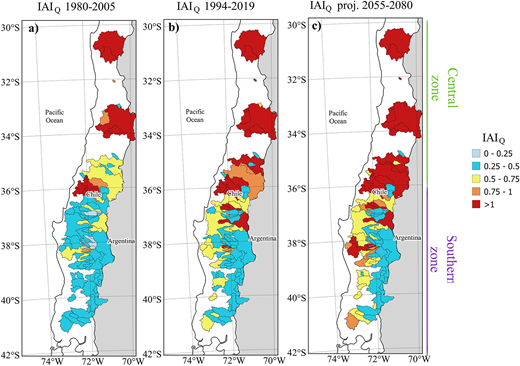 Indices of anthropic intervention (IAIQ) calculated from annual runoff. These calculations are based on (a) the 1980–2005 period, (b) the 1994–2019 period, and (c) the 2055–2080 period. DOI: https://doi.org/10.1525/elementa.2020.00131.f5