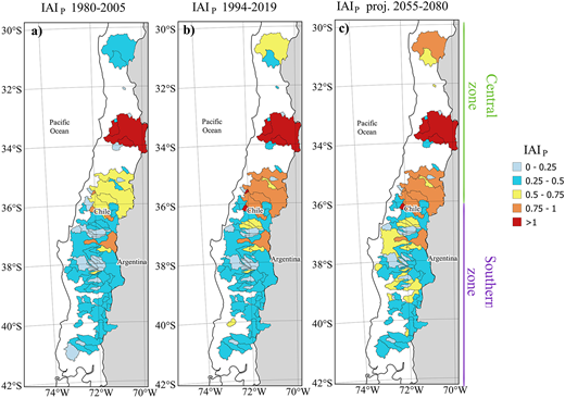 Indices of anthropic intervention (IAIP) calculated using annual rainfall data. These calculations are based on (a) the 1980–2005 period, (b) the 1994–2019 period, and (c) the 2055–2080 period. DOI: https://doi.org/10.1525/elementa.2020.00131.f6
