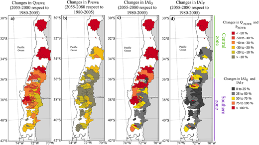 Projected changes of water availability and the indices of anthropic intervention. (a) QPEWR between the 2055–2080 and 1980–2005 period, (b) PPEWR between the 2055–2080 and the 1980–2005 period, (c) IAIQ between the 2055–2080 and the 1980–2005 period, and (d) IAIP between the 2055–2080 and the 1980–2005 period. DOI: https://doi.org/10.1525/elementa.2020.00131.f7