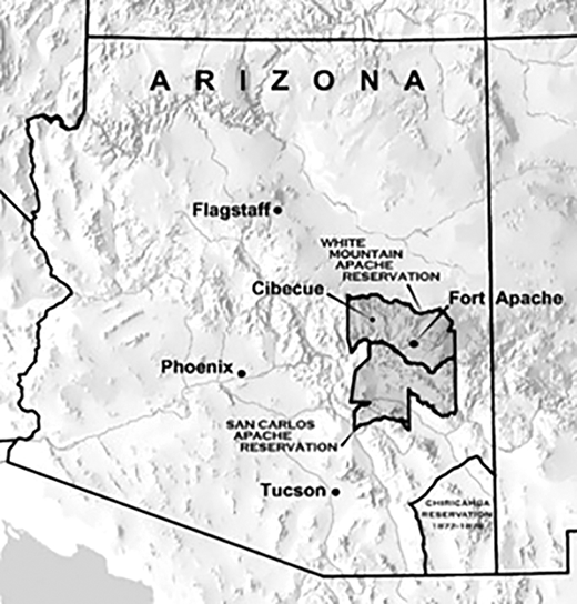 White Mountain Apache Reservation. Fort Apache is located within the White Mountain Apache Reservation in eastern Arizona. Source: Adapted from Welch et al., 2009. Used with permission. DOI: https://doi.org/10.1525/elementa.2020.00164.f2