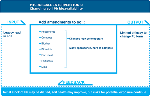 Microscale interventions: Changing soil Pb bioavailability. The system input (upper left) is legacy lead in soil. To address this issue, people have attempted a number of interventions on the microscale (center box). Amendments such as phosphorus, compost, biochar, and others have been added to change soil Pb bioavailability, but these changes may be temporary and are hard to compare across approaches and lab assays. The output (upper right) is limited efficacy to change Pb form. Although amendments may dilute the overall Pb concentrations and improve soil health, there is a positive feedback (bottom) that perpetuates the input, identified here as legacy Pb remaining in surface soils. DOI: https://doi.org/10.1525/elementa.2020.00174.f4