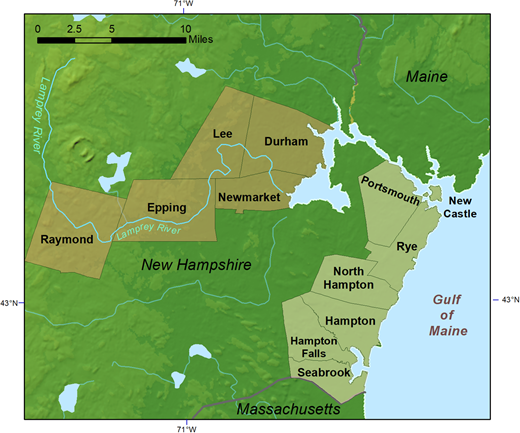 Location of New Hampshire communities in the Lamprey River project (brown) and Tides to Storms project (light green). DOI: https://doi.org/10.1525/elementa.2020.20.00048.f1