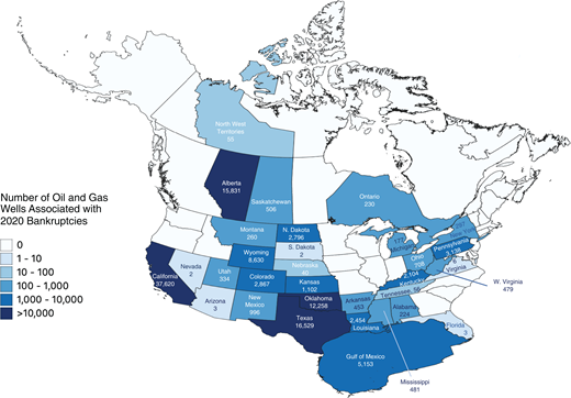 Map of the number of oil and gas wells in each state/province operated by companies that filed for bankruptcy in 2020 in the United States and Canada (as of July 2020). DOI: https://doi.org/10.1525/elementa.2020.20.00161.f2