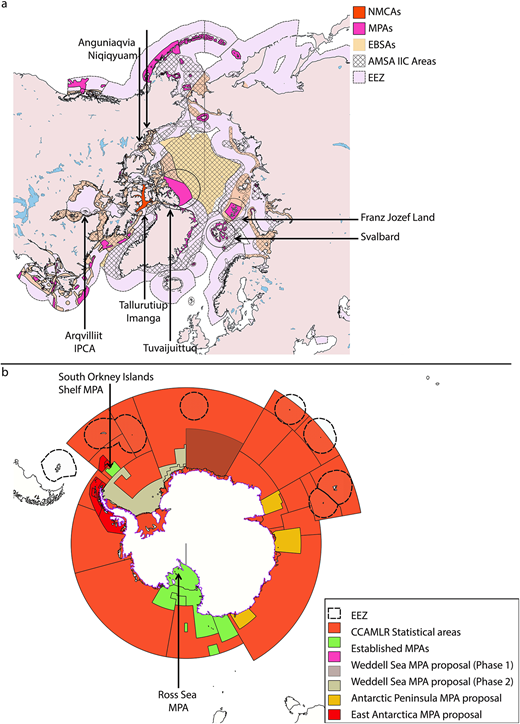 Maps of heightened ecological significance. (a) Map of the Arctic, indicating areas of heightened ecological and cultural significance (“Recommendation IIC areas”) as identified in the Arctic Marine Shipping Assessment (AMSA; CAFF, 2017), ecologically and biologically significant areas (EBSAs), marine protected areas (MPAs), including the new sea-ice–related Tuvaijuittuq MPA, as well as other conservation efforts with key Inuit involvement and leadership, for example, Tallurutiup Imanga National Marine Conservation Area (NMCA) and the Arqvilliit Indigenous Protected and Conserved Areas (IPCA). (b) Proposed and established MPAs, Conservation of Antarctic Marine Living Resources (CCAMLR) statistical areas and exclusive economic zones in the Southern Ocean. Exclusive economic zones (EEZ) relevant for national fisheries and conservation efforts are indicated in pink (a) or outlined in dashed lines (b). DOI: https://doi.org/10.1525/elementa.2021.00007.f2