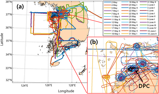 A map of Hanseo King Air flight tracks during KORUS-AQ 2016 for (a) all flights and (b) zoomed in near the Daesan Petrochemical Complex (DPC). Different color lines represent the individual flight tracks, and the thick black line represents the DPC area. DOI: https://doi.org/10.1525/elementa.2021.00015.f1