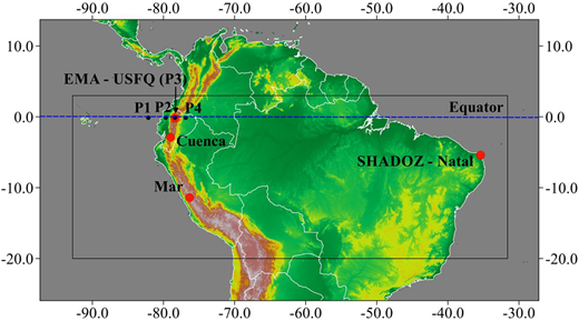 Map with location of USFQ’s Atmospheric Measurement Station (EMA) in Quito and location of Cuenca in Ecuador. Also, locations of stations SHADOZ Natal (Brazil) and Marcapomacocha (Mar) in Peru. P1, P2, P3, and P4 indicate points in a transect in the Pacific, the Ecuadorian coast side, Quito, and the Ecuadorian Amazon at EMA’s latitude. DOI: https://doi.org/10.1525/elementa.2021.00019.f1