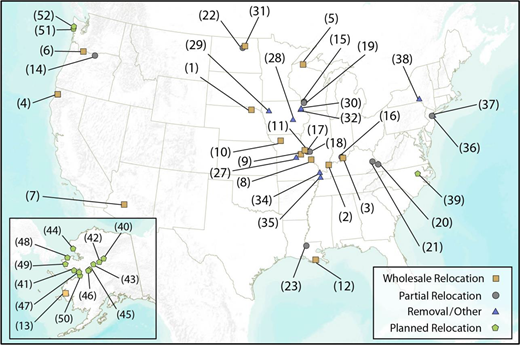 Managed retreat and wholesale community relocation in the U.S. span at least 140 years and include at least 50 relevant case studies (Key: Table 1). DOI: https://doi.org/10.1525/elementa.2021.00036.f1