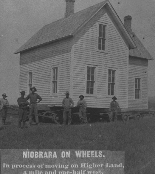 Moving a home in Niobrara, Nebraska, after catastrophic flooding on the Missouri River in 1881. Photo provided and reprinted with permission by the Nebraska Historical Society. DOI: https://doi.org/10.1525/elementa.2021.00036.f2