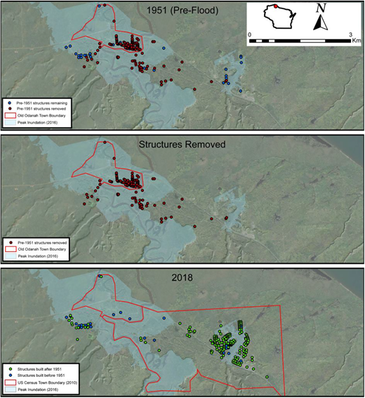 Structures were present, removed, and newly built in Odanah, Wisconsin. Preflood imagery was an orthophoto mosaic dated 1951, and postflood structures were mapped in the field in July 2018. The U.S. Census town boundary (red line) was expanded to include “New Odanah.” DOI: https://doi.org/10.1525/elementa.2021.00036.f4