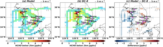 HCHO mixing ratios below 2 km from GEOS-Chem with AVOC top-down estimates and comparison with the DC-8 aircraft. As shown in Figure 5, the model results with top-down estimates of total AVOC emissions. HCHO = formaldehyde; AVOC = anthropogenic volatile organic compound. DOI: https://doi.org/10.1525/elementa.2021.00109.f7
