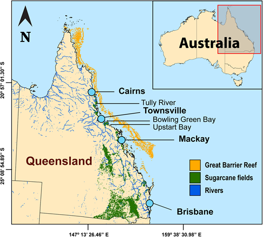 Sugarcane plantations (green) in Queensland, Australia, and sites mentioned in the text. In dark blue are the main rivers that could potentially drain mercury to the Great Barrier Reef (orange). Map layers from the Queensland Department of Environment and Science (Pringle et al., 2018; Crossman and Li, 2020). No publicly available map was found for sugarcane crops in New South Wales. DOI: https://doi.org/10.1525/elementa.2021.053.f3