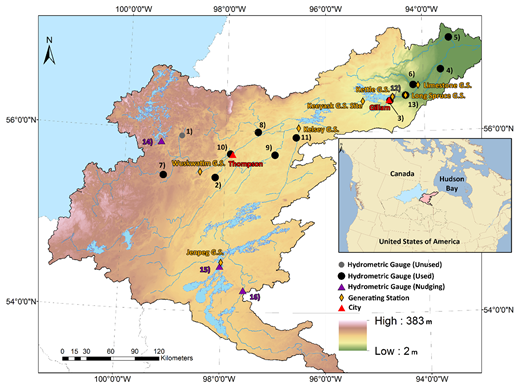 The Lower Nelson River Basin (blue shading) with available hydrometric stations with historical data available, including the locations of generating stations, and the currently under construction Keeyask generating station. The locations of Thompson and Gillam are highlighted by arrows and the period average nudged flow magnitudes added to the models are shown in text near the nudging locations. Nudged inflow from Jenpeg and the East Channel are combined.