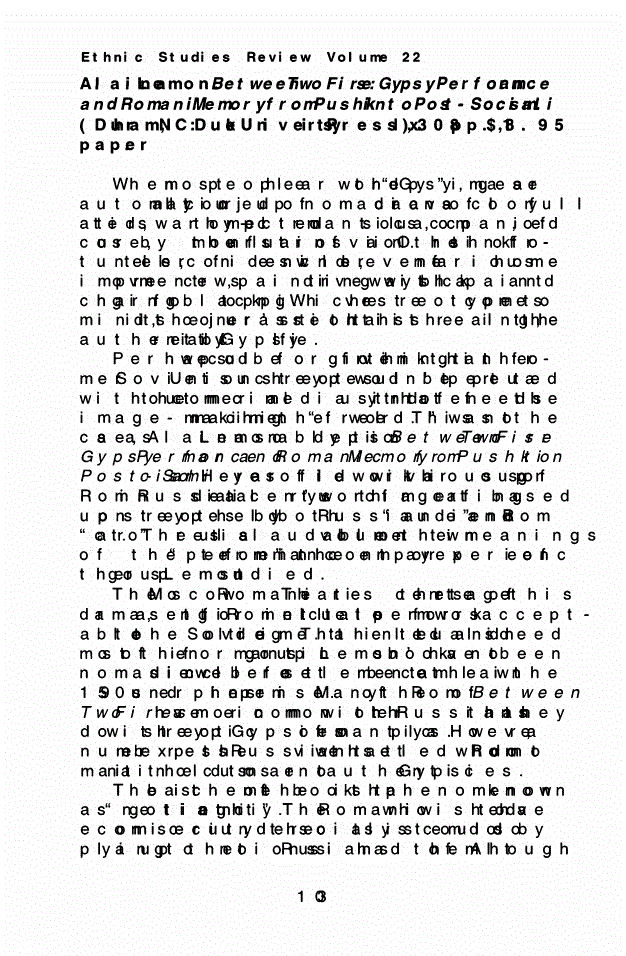 First page of Review: <italic>Between Two Fires: Gypsy Performance and Romani Memory from Pushkin to Post-Socialism</italic> by Alaina Lemon
