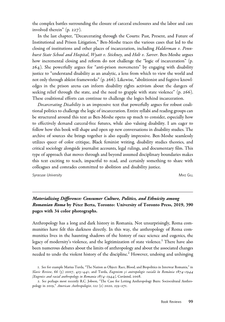 First page of Review: <italic>Materializing Difference: Consumer Culture, Politics, and Ethnicity among Romanian Roma</italic>, by Péter Berta