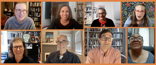 Cinema’s First Nasty Women roundtable panelists and moderator (from left to right): Jennifer Bean, Gonca Feride Varol, Elif Rongen-Kaynakçi, Liza Black, Laura Horak, Bret Wood, Kaveh Askari, Renée C. Baker. This conversation took place on September 28, 2023.