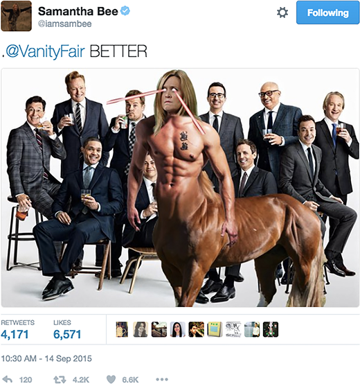 FIGURE 1. Samantha Bee's Twitter response to a Vanity Fair feature on the new hosts of late-night comedy, September 14, 2015, 10:30 a.m.
