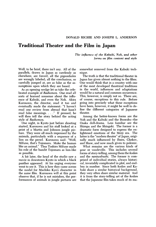 First page of Traditional Theater and the Film in Japan