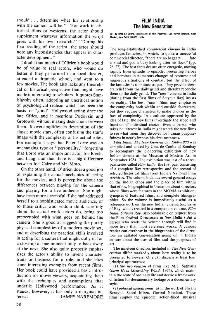 First page of Review: Film India: The New Generation by Uma da Cunha