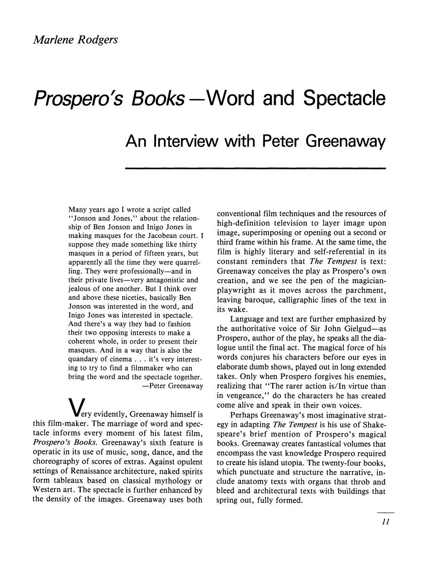 First page of "Prospero's Books". Word and Spectacle: An Interview with Peter Greenaway