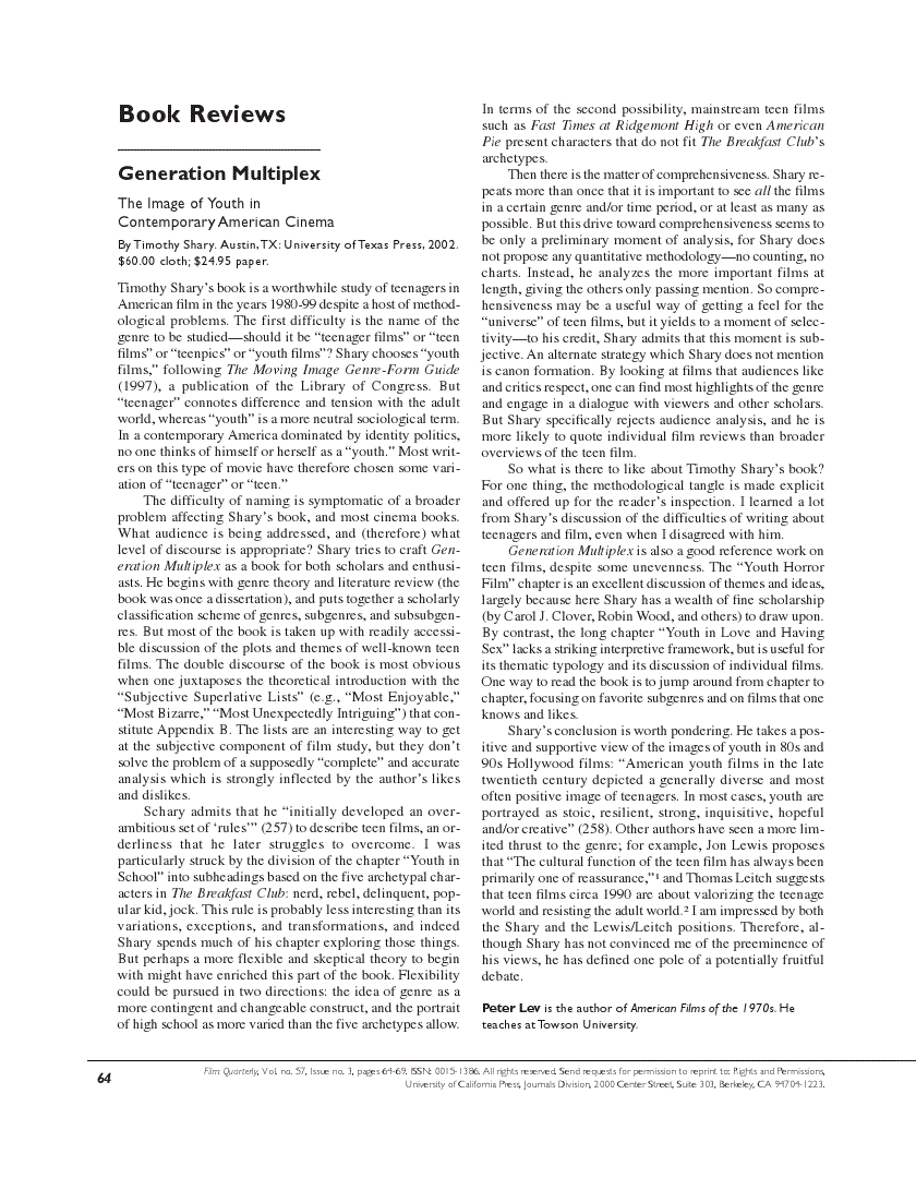 First page of Review of <italic>Generation Multiplex: The Image of Youth in Contemporary American Cinema</italic> by Timothy Shary