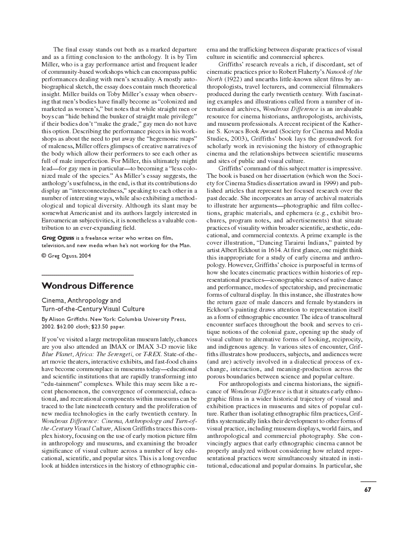First page of Review of <italic>Wondrous Difference: Cinema, Anthropology and Turn-of-the-Century Visual Culture</italic> by Alison Griffiths