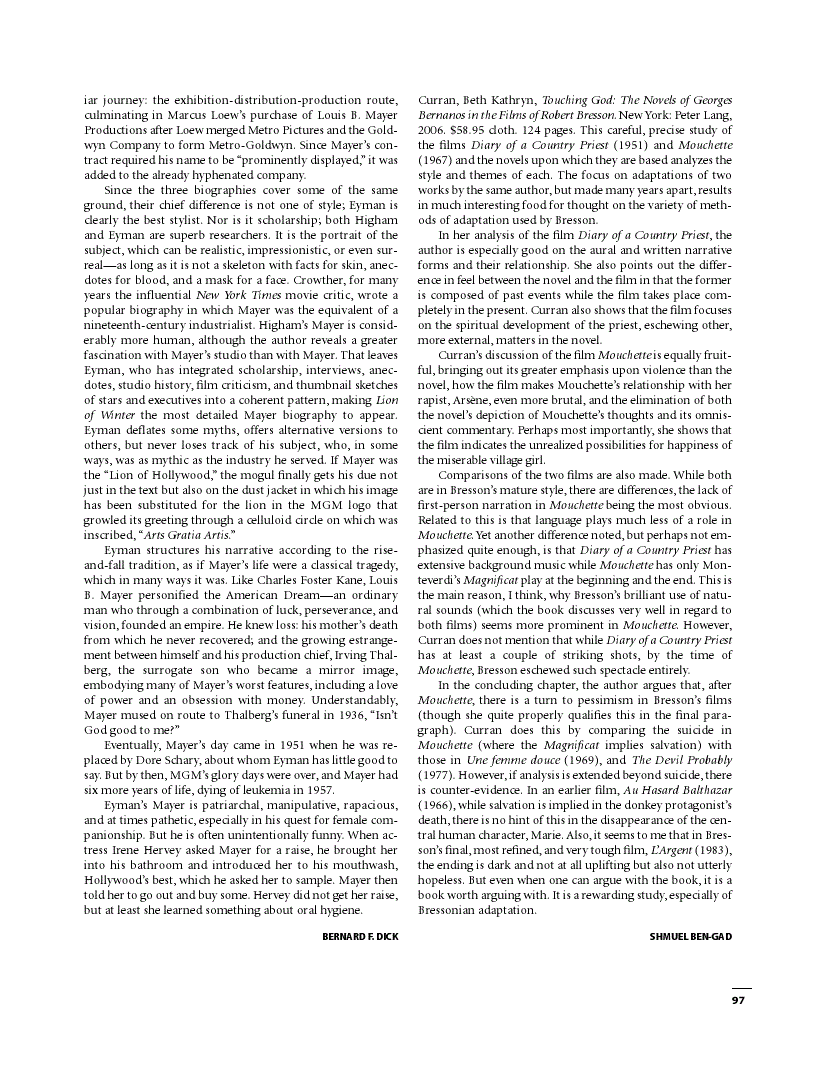 First page of Review: <italic>Touching God: The Novels of Georges Bernanos in the Films of Robert Bresson</italic>, by Beth Kathryn Curran