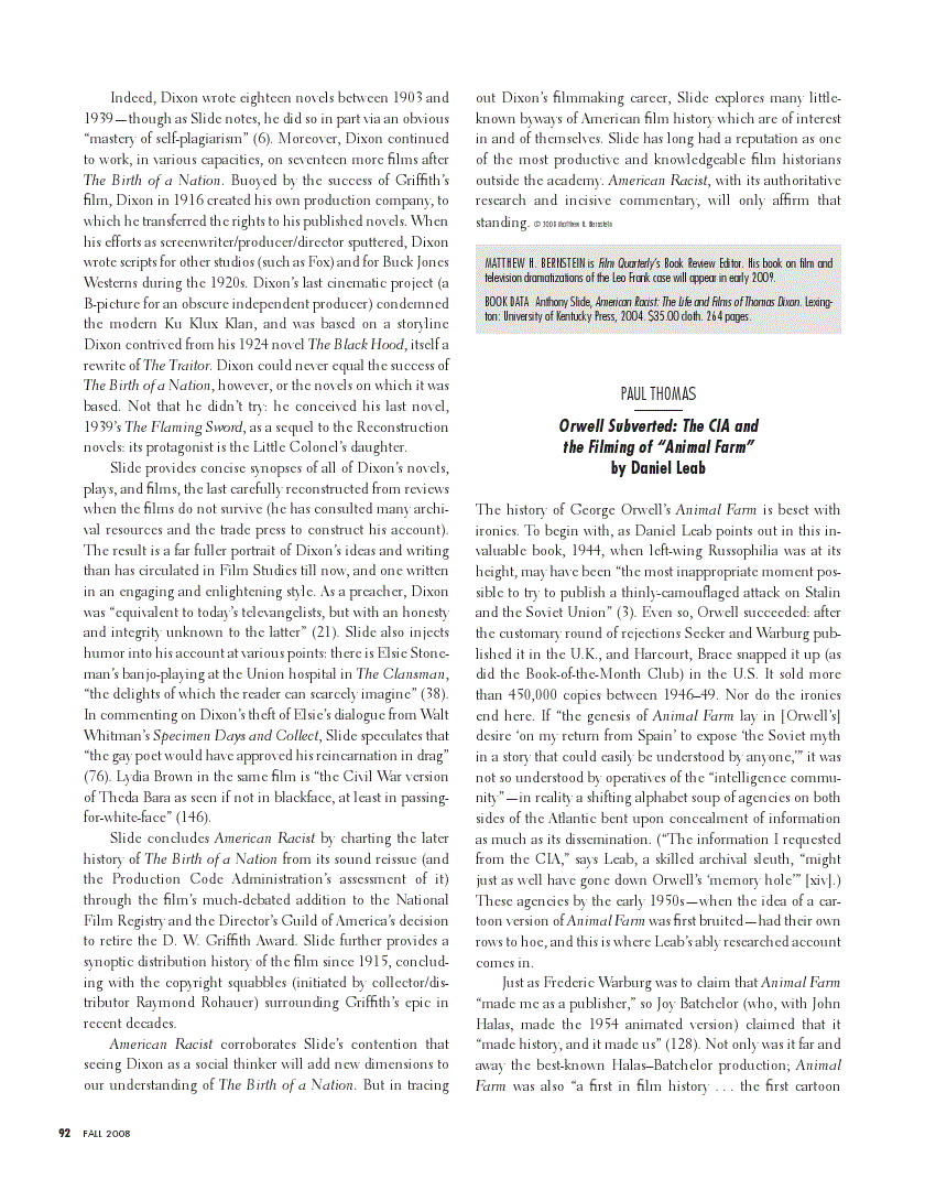 First page of Review: <italic>Orwell Subverted: The CIA and the Filming of "Animal Farm"</italic>, by Daniel Leab<alt-title alt-title-type="implied">Review</alt-title>
