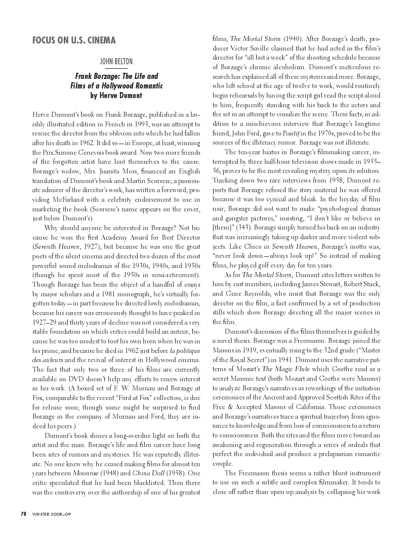 First page of Review: <italic>Frank Borzage: The Life and Films of a Hollywood Romantic</italic>, by Herve Dumont<alt-title alt-title-type="implied">Review</alt-title>
