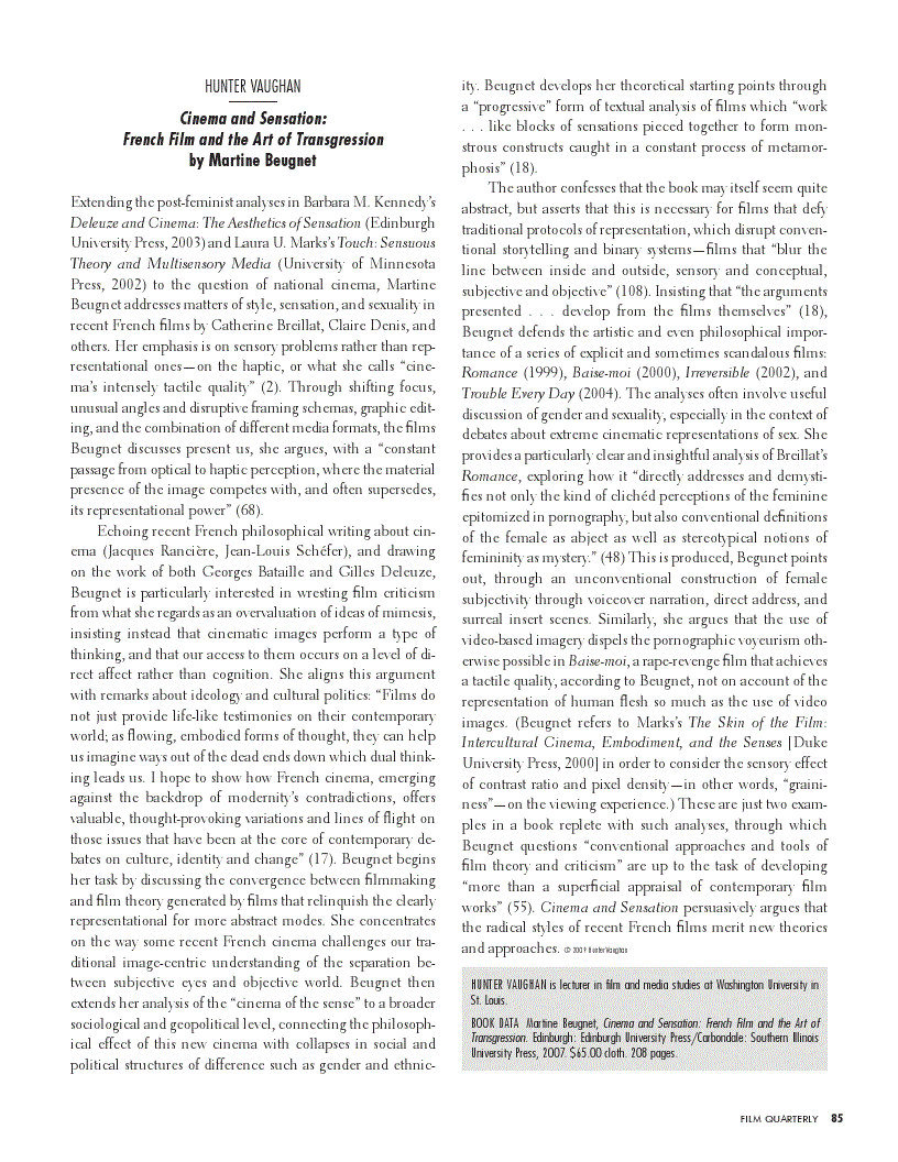 First page of Review: <italic>Cinema and Sensation: French Film and the Art of Transgression</italic>, by Martine Beugnet