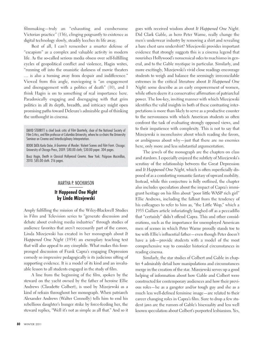 First page of Review: <italic>It Happened One Night</italic> by Linda Mizejewski