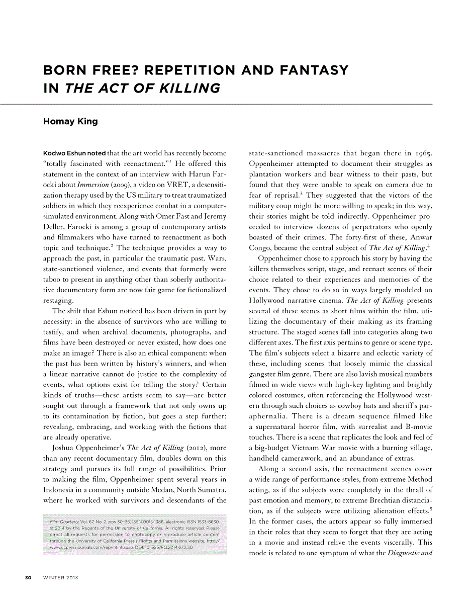 First page of Born Free? Repetition and Fantasy in <italic>The Act of Killing</italic>