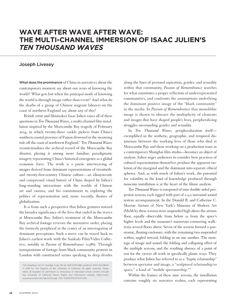First page of WAVE AFTER WAVE AFTER WAVE<subtitle>THE MULTI-CHANNEL IMMERSION OF ISAAC JULIEN'S <italic>TEN THOUSAND WAVES</italic></subtitle>