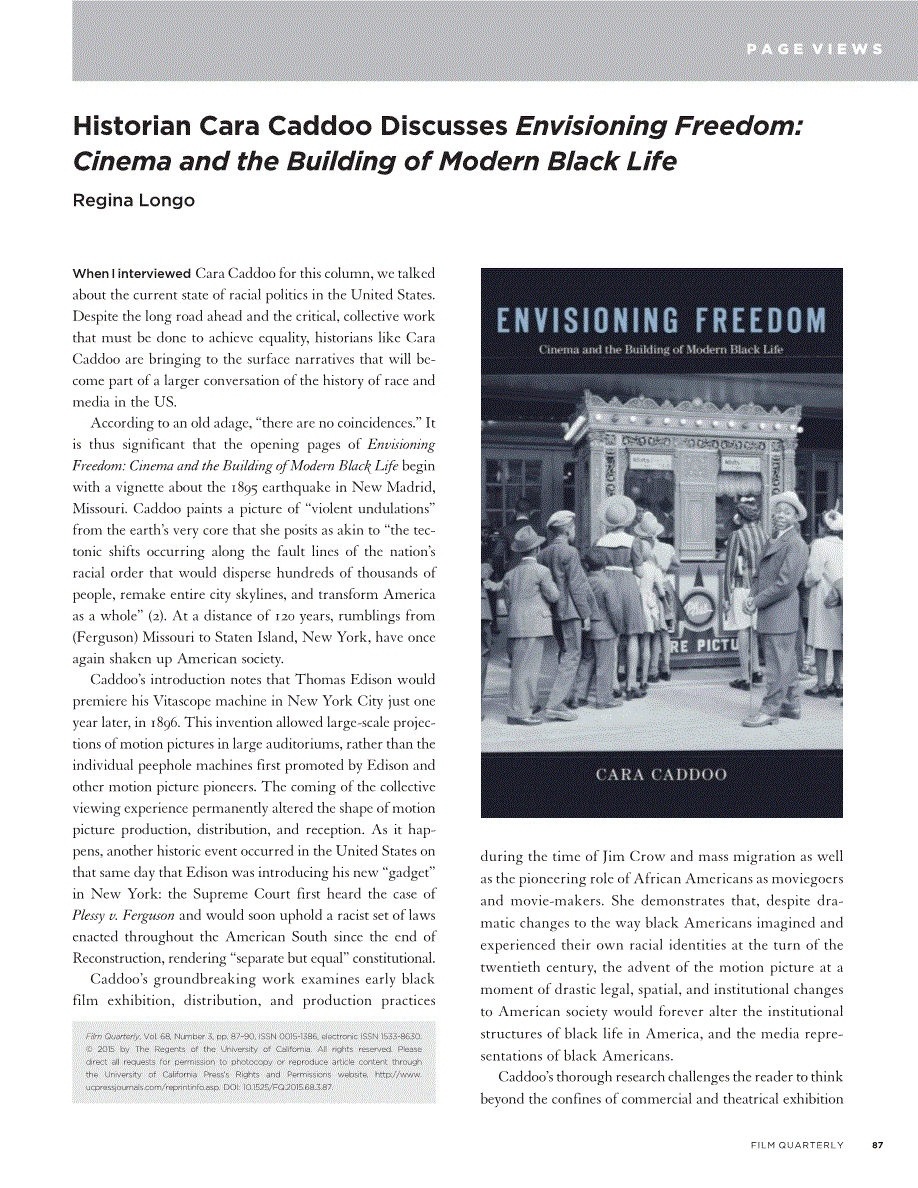 First page of Historian Cara Caddoo Discusses <italic>Envisioning Freedom: Cinema and the Building of Modern Black Life</italic>