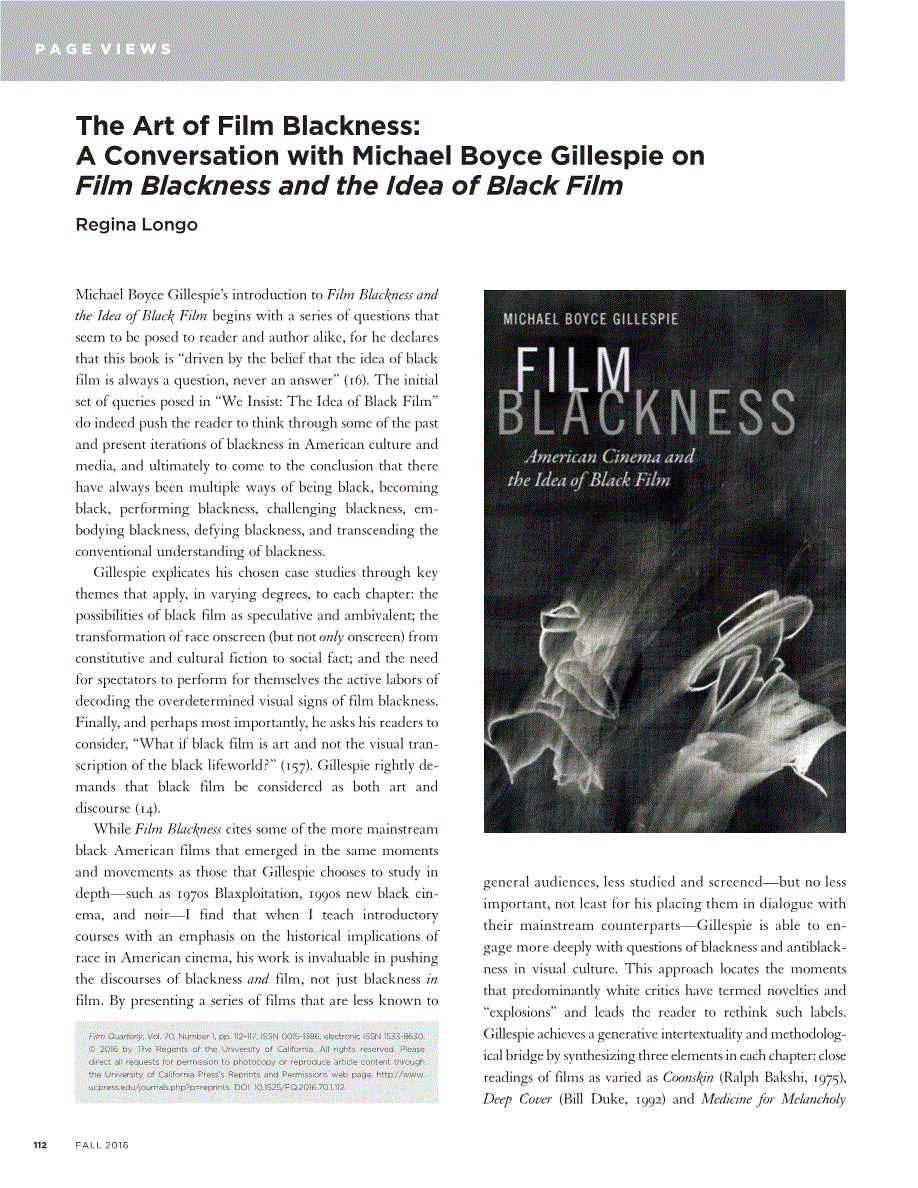 First page of The Art of Film Blackness: A Conversation with Michael Boyce Gillespie on <italic>Film Blackness and the Idea of Black Film</italic>