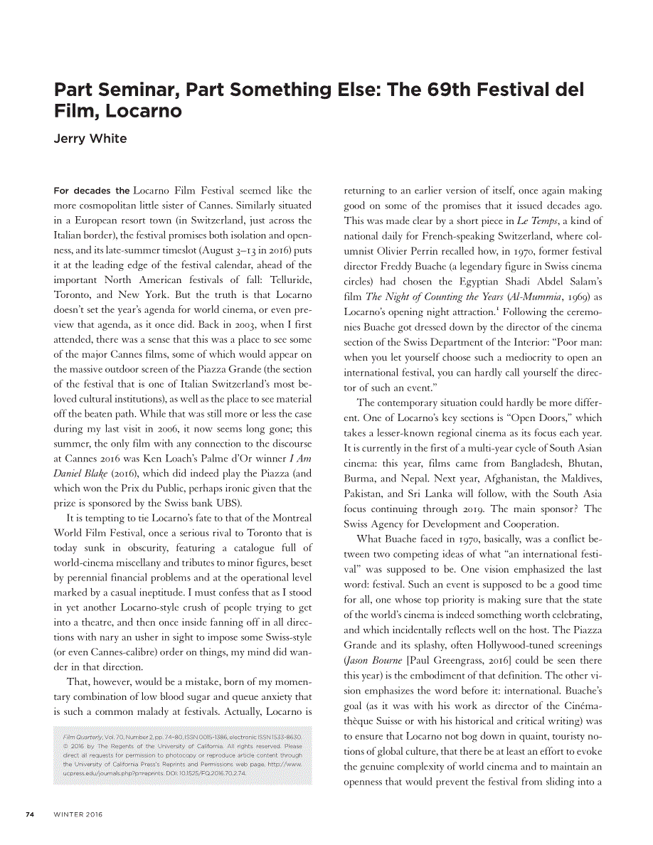 First page of Part Seminar, Part Something Else: The 69th Festival del Film, Locarno
