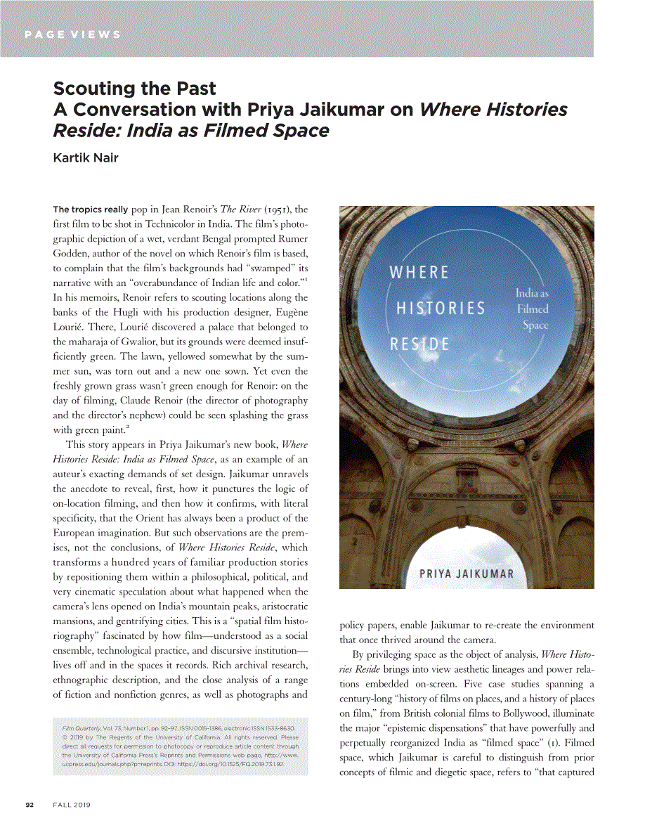 First page of Scouting the Past<subtitle>A Conversation with Priya Jaikumar on <italic>Where Histories Reside: India as Filmed Space</italic></subtitle>